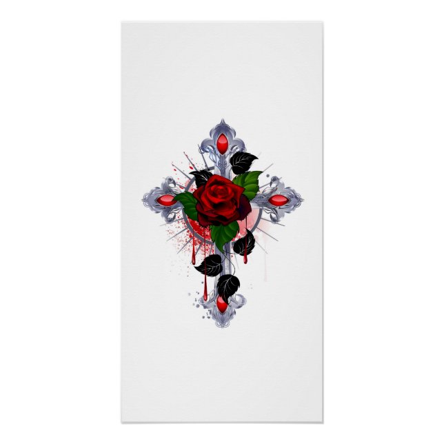 Pôster Cruz de Prata com Rosa vermelha (Frente)