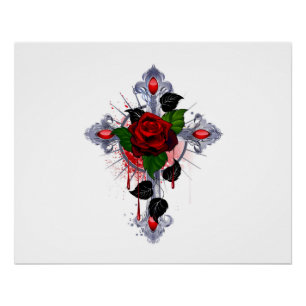 Pôster Cruz de Prata com uma Rosa Vermelha