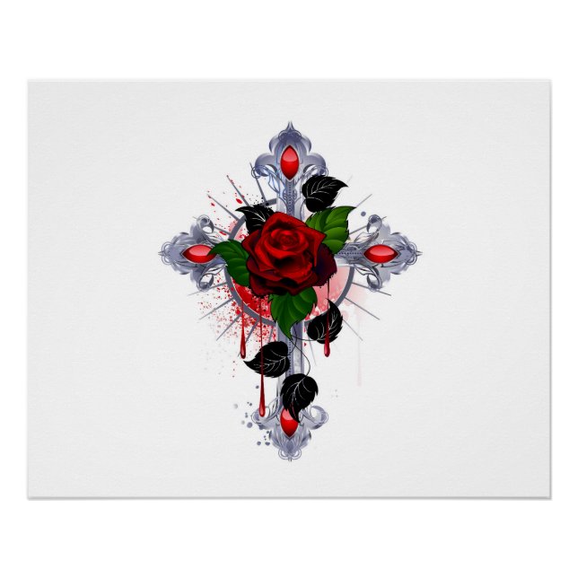 Pôster Cruz de Prata com uma Rosa Vermelha (Frente)