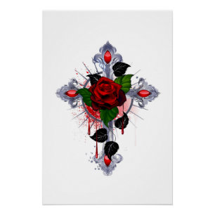 Pôster Cruz de Prata com uma Rosa Vermelha