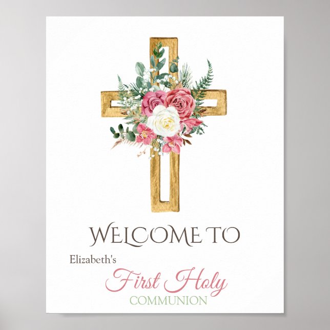 Poster Cruz Floral Dourada Primeira Comunhão Solene (Frente)