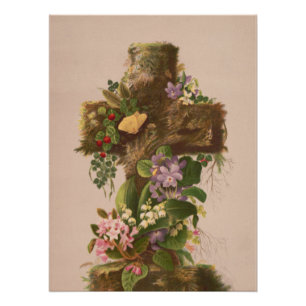 Pôster Cruz Floral Rústica Vintage, Cartão de Páscoa,