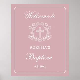 Poster Cruz Floral Simples no Batismo Rosa Bem-vindo