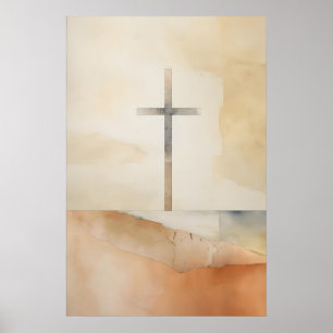 Poster Cruz na Colina ao Crepúsculo Aquarela Minimalista