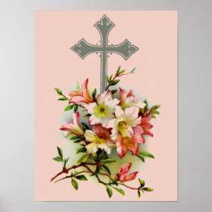 Poster Cruz Prateada E Flores Rosas