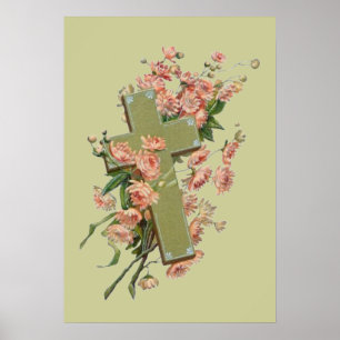 Poster Cruz verde com flores cor-de-rosa