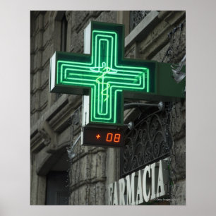 Poster Cruz verde de néon fora de Farmacia (farmácia ou