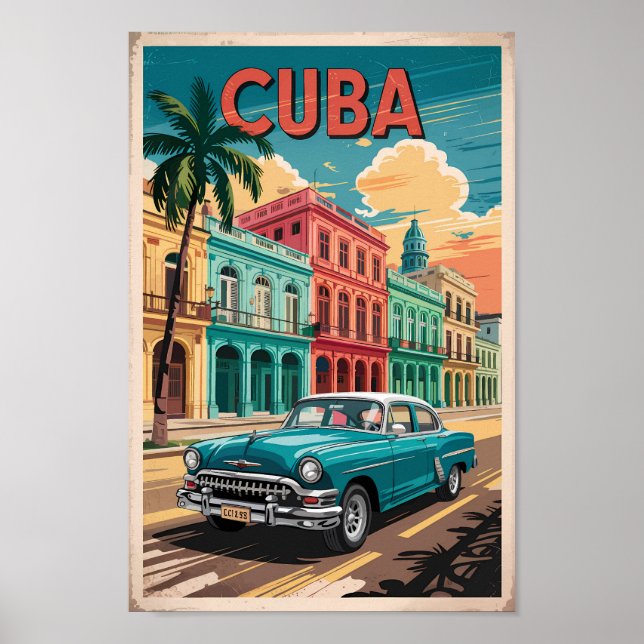 Poster Cuba Classic Car Illustration Travel Art Vintage (Frente)