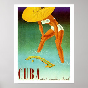 Poster Cuba, ilha, menina do biquini no chapéu amarelo