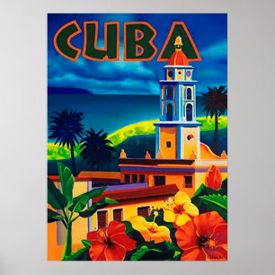 Poster Cuba, ilha tropica, torre da cidade, vintage,