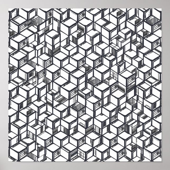 Poster Cubist Geometric Hypercube Decoupage Template Line (Frente)