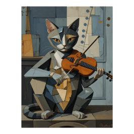 Pôster Cubist Harmony: Feline Violinist