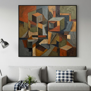 Poster Cubista Abstrato 3D Cubos Tons Terrosos