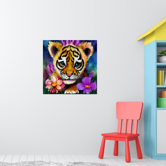 Poster Cubo de Tigre Cugado Cercado por Flores (Berçário 1)