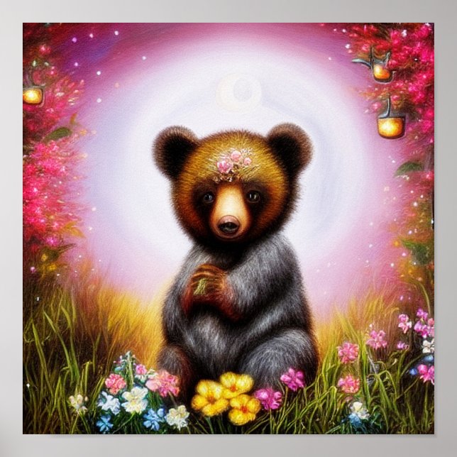 Poster Cubo de urso de fantasia e flores   (Frente)