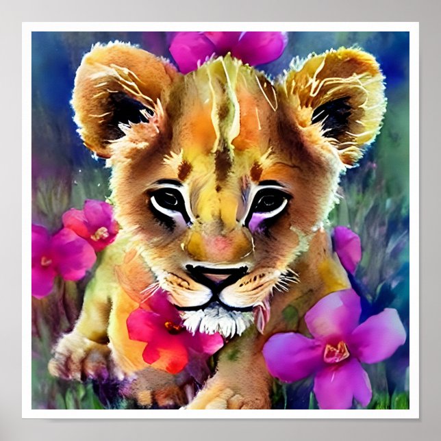 Poster Cubo Lion Cute Cercado por Flores (Frente)