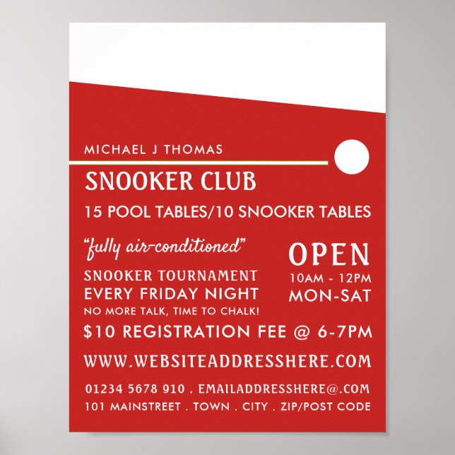 Poster Cue Ball, Clube de Piscinas, Publicidade do Snooke (Frente)
