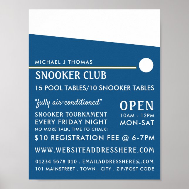 Poster Cue Ball, Clube de Piscinas, Publicidade do Snooke (Frente)