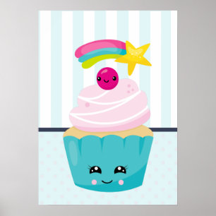 Poster Cupcake azul-bonito com a face Kawaii