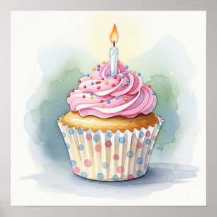 Poster Cupcake de Aniversário de Aquarela
