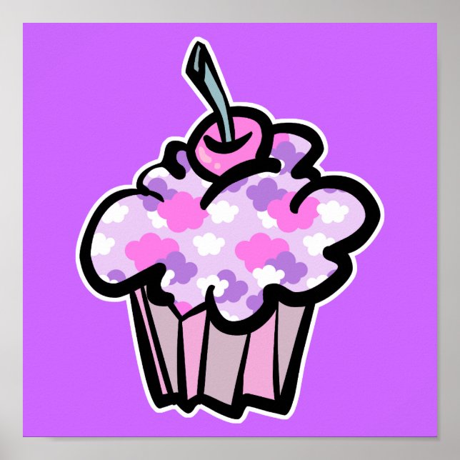 Poster cupcake de nuvens rosa e roxa (Frente)