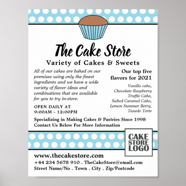 Poster Cupcake e Bolinhas azuis, anúncio da loja de bolos (Frente)