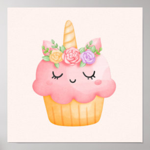 Poster Cupcake rosa-claro Unicórnio com Rosas