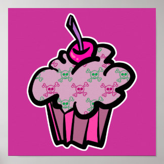 Pôster cupcake rosa punk crânio cruzado