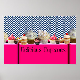 PÔSTER CUPCAKES MEUS MERECEM COMPRO/ CHEVRON BRANCO AZUL