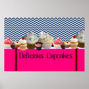 PÔSTER CUPCAKES MEUS MERECEM COMPRO/ CHEVRON BRANCO AZUL