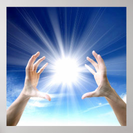 Pôster Curando as mãos sobre fundo azul, reiki, chakra