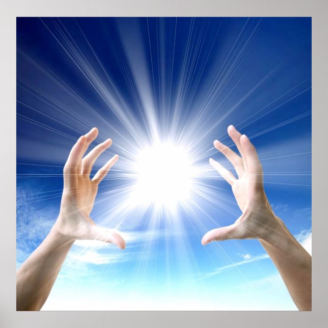 Pôster Curando as mãos sobre fundo azul, reiki, chakra (Frente)