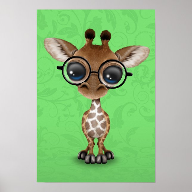 Poster Curiosa e curiosa girafa Vestindo óculos em verde (Frente)