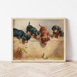 Poster Curious Dachshund Puppies | Carl Reichert<br><div class="desc">Curious dachshund puppies and a frog | Carl Reichert’s charming painting Curious Dachshund Puppies and a Frog captures a playful moment, where four adorable dachshund puppies curiously gather around a small frog. The detailed depiction of the puppies’ expressive faces and lively postures, paired with the serene natural setting, creates a...</div>