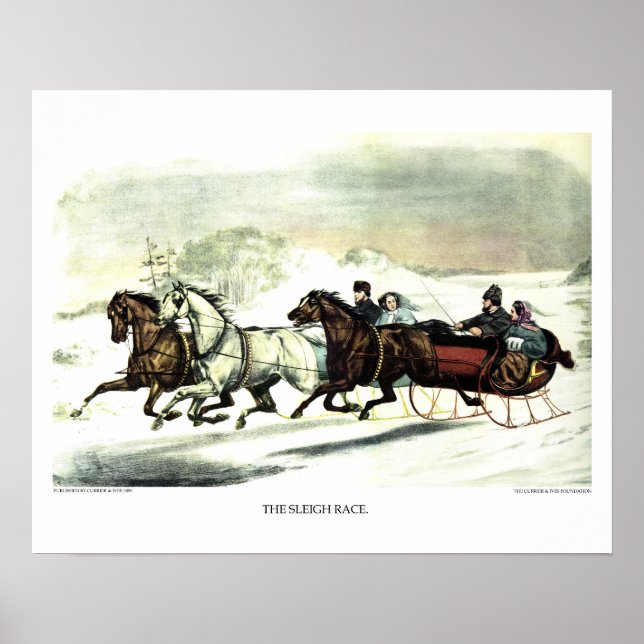 Poster Currier & Ives Lithograph: A Corrida de Sleigh (Frente)