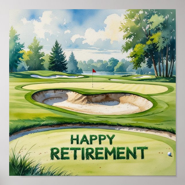 Poster Curso de golfe com texto Feliz Reforma em Verde (Frente)