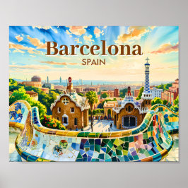 Poster Custom Barcelona Spain Watercolor Park Guell Retro