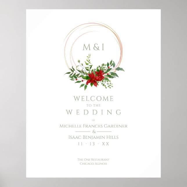 Poster Custom Chic Poinsettia Christmas Wedding Welcome (Frente)