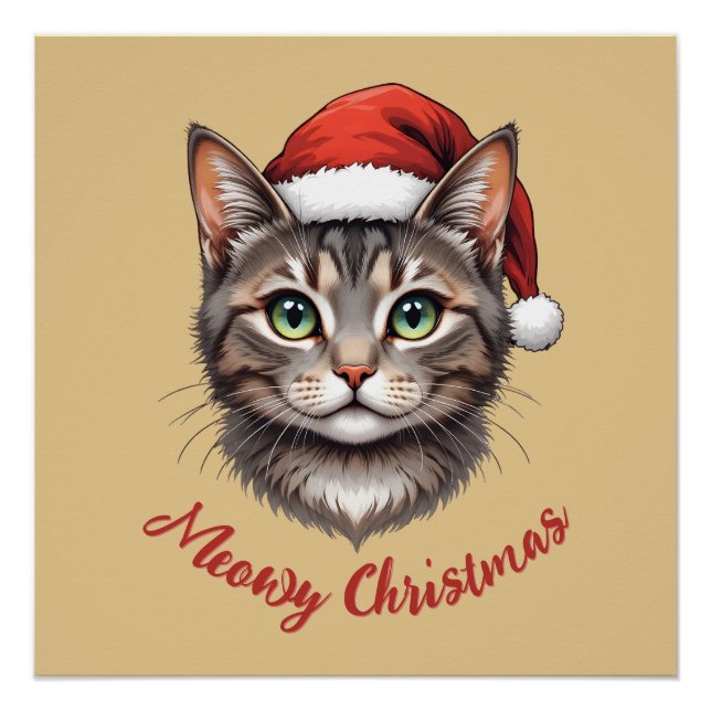 Pôster Custom Cute Christmas Cat with Santa Hat (Frente)