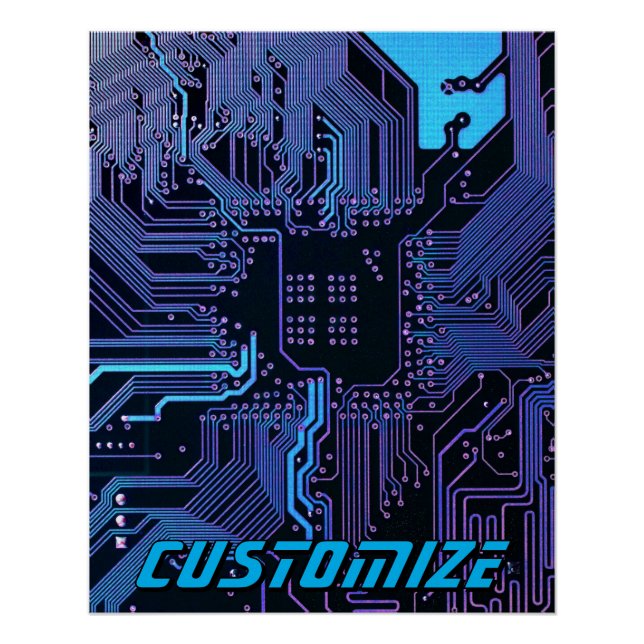 Pôster Custom Cyber Blue PCB Circuit Board Tech Art (Frente)