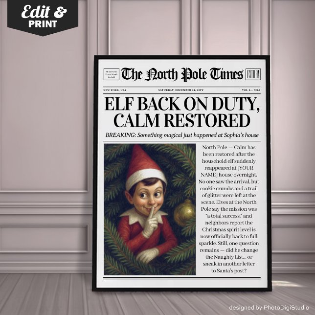 Poster Custom Elf Back on Duty Newspaper Decor, Christmas (Custom Elf Back on Duty Newspaper Decor, Christmas Poster)