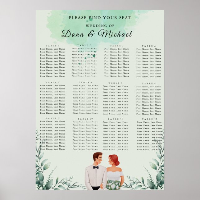 Poster Custom green watercolor wedding seating chart (Frente)
