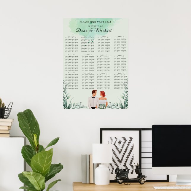Poster Custom green watercolor wedding seating chart (Escritório em casa)