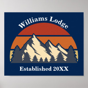 Poster Custom Mountains Sunset Log Cabin Home Blue