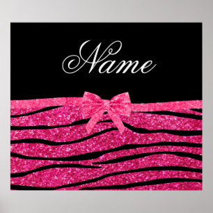 Poster Custom name hot pink glitter zebra stripes bow
