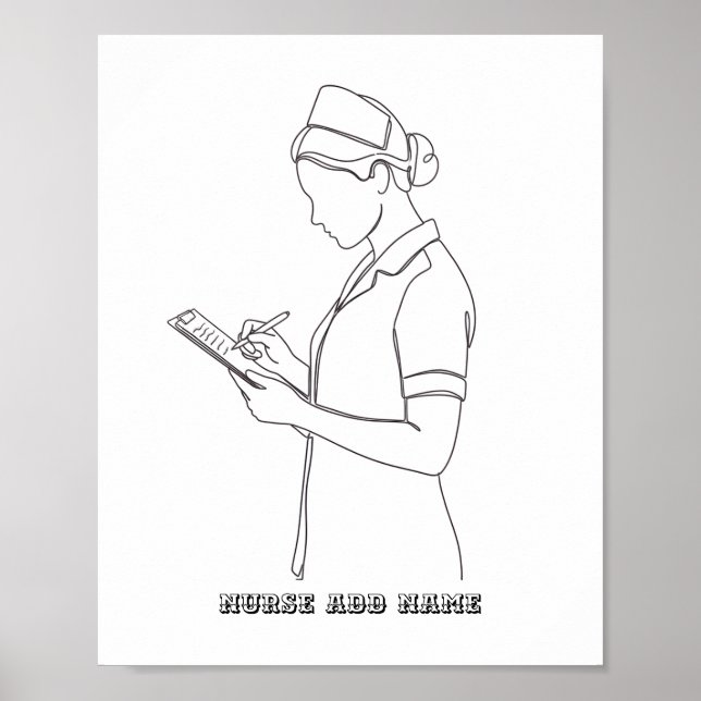 Poster Custom Name Minimalist Nurse Clipboard Line Art  (Frente)
