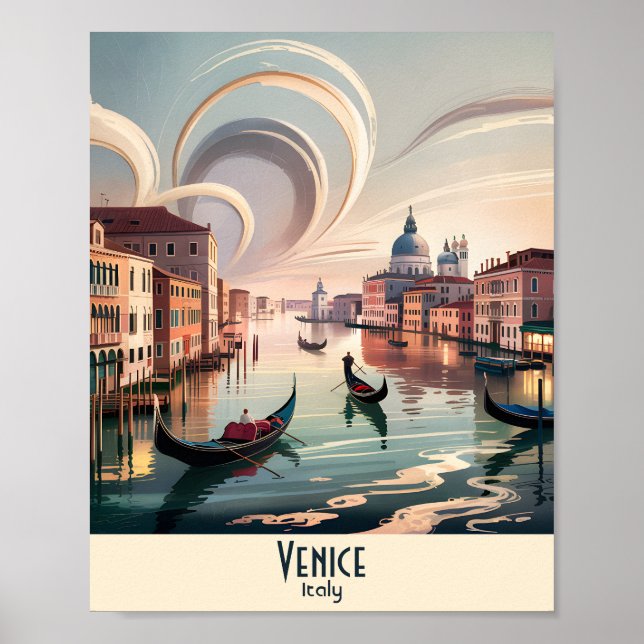 Poster Custom Venice Italy Gondola Canal Watercolor Retro (Frente)