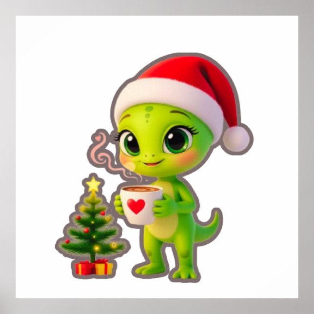 Poster **Cute 3D Green Alien in Santa Hat with Hot Chocol (Frente)