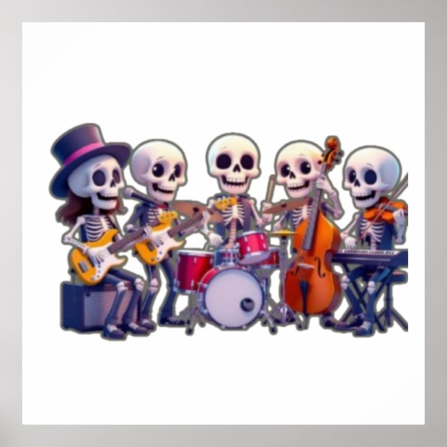 Poster Cute 3D Skeleton Music Band – Adorable Cartoon Con (Frente)