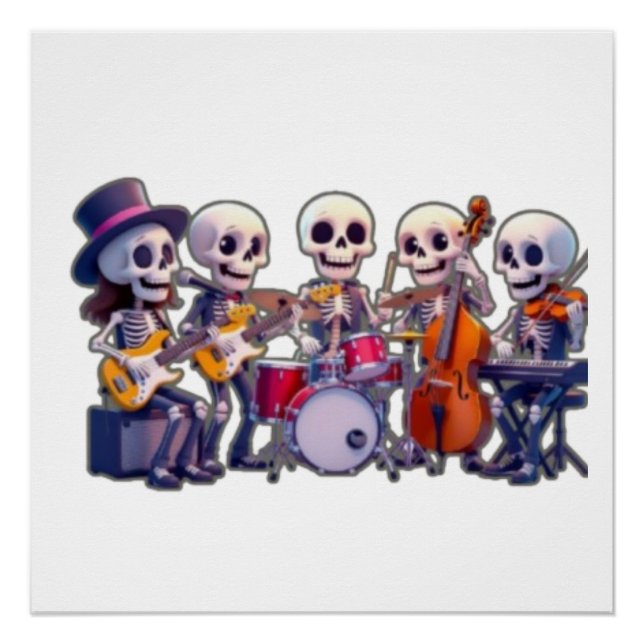 Pôster Cute 3D Skeleton Music Band – Adorable Cartoon Con (Frente)